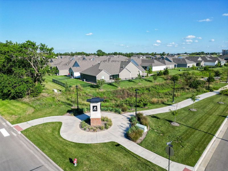 Aerial view of the The Courtyards at The Heritage community in Andover, KS, showing layout and nearby surroundings (Image 17). Aerial view of the The Courtyards at The Heritage community in Andover, KS, showing layout and nearby surroundings (Image 17).