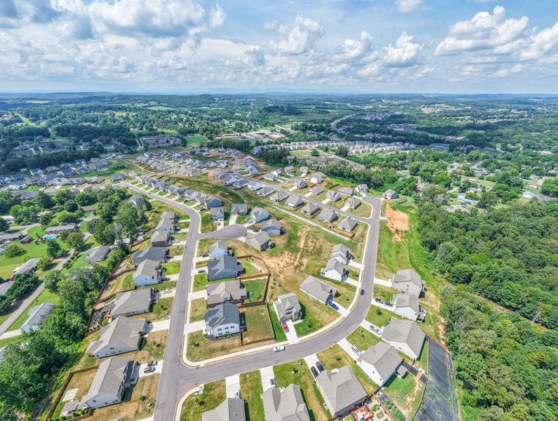 Aerial view of the The Grove at Harrison Glen community in Lenoir City, TN, showing layout and nearby surroundings (Image 1). Aerial view of the The Grove at Harrison Glen community in Lenoir City, TN, showing layout and nearby surroundings (Image 1).