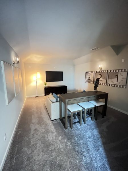 A cozy media room with plush carpeting, minimalist decor, and a sleek TV setup, ideal for entertainment.