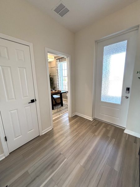 A bright entryway with sleek wood floors, textured glass door, and a view into a charming, sunlit room.