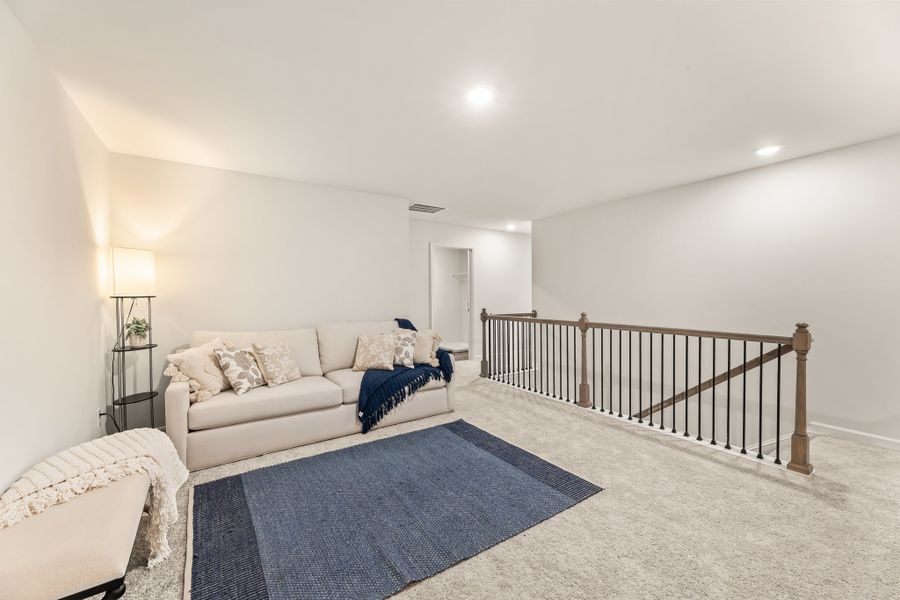 A living room with a couch and a rug.