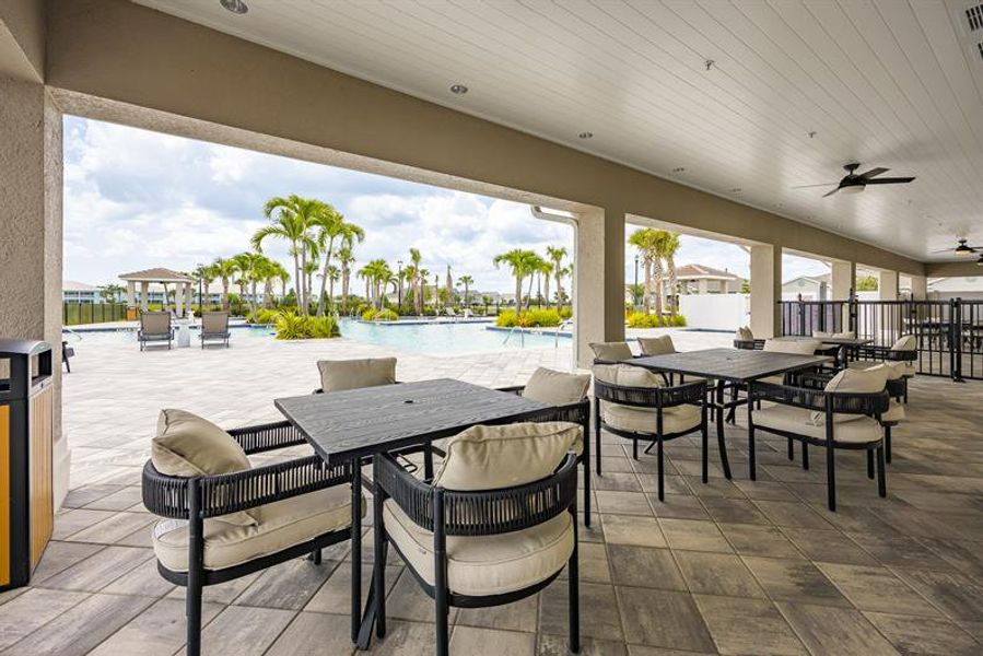 Enjoy the pool area under the covered cabana when it gets too hot out.