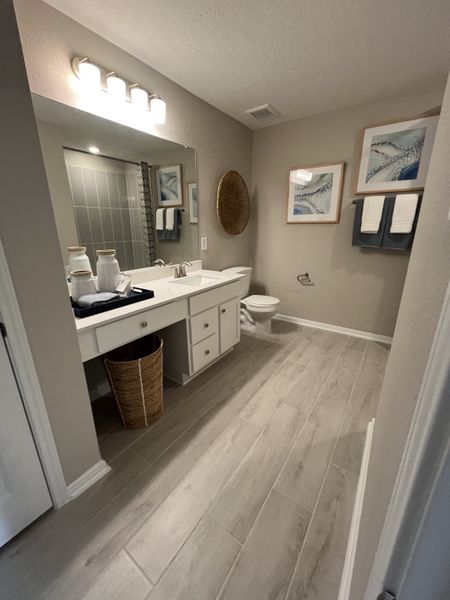 A modern bathroom featuring wood-look tile flooring, a sleek vanity, and chic wall art for a stylish touch.