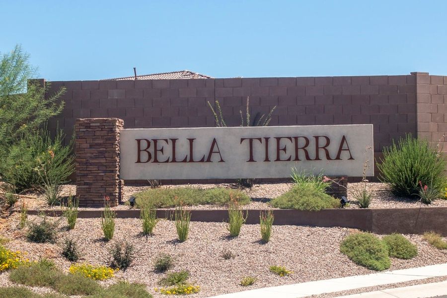 Entrance to the Bella Tierra Reserve community in Tucson, AZ, featuring signage and landscaping (Image 2).