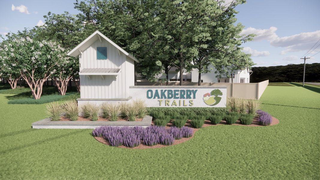 Entrance to the Oakberry Trails community in Waller, TX, featuring signage and landscaping (Image 1). Entrance to the Oakberry Trails community in Waller, TX, featuring signage and landscaping (Image 1).
