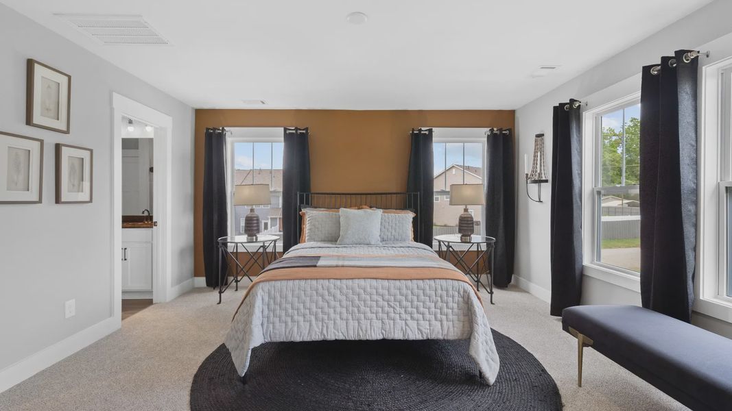 Spacious primary suite with modern decor, large windows, and plush carpet in two story townhome at Tyger Ridge Spacious primary suite with modern decor, large windows, and plush carpet in two story townhome at Tyger Ridge