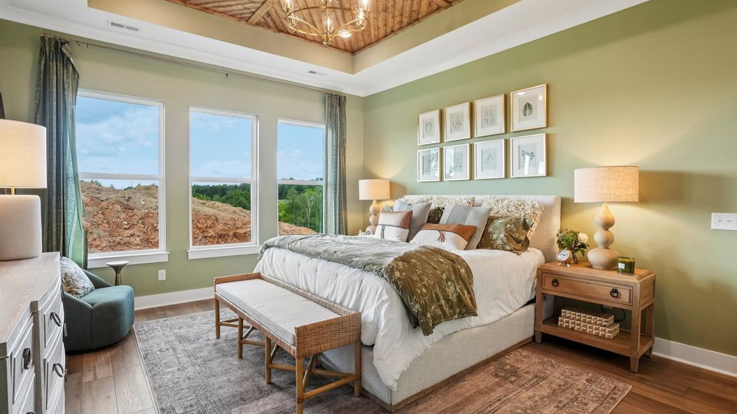 Primary suite with tray ceiling, hard surface flooring, and windows
