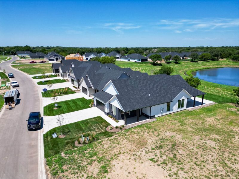 Aerial view of the The Courtyards at Jacobs Farm community in Wichita, KS, showing layout and nearby surroundings (Image 12). Aerial view of the The Courtyards at Jacobs Farm community in Wichita, KS, showing layout and nearby surroundings (Image 12).
