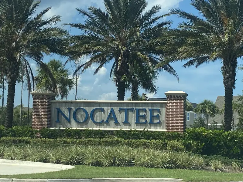 A welcoming entrance with palm trees and a stylish sign in Reflections 50' Front Load by David Weekley Homes (Ponte Vedra Beach, FL).