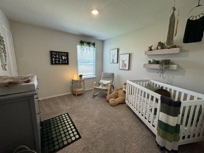A cozy nursery featuring a white crib, playful animal decor, and soft lighting, creating a welcoming atmosphere.