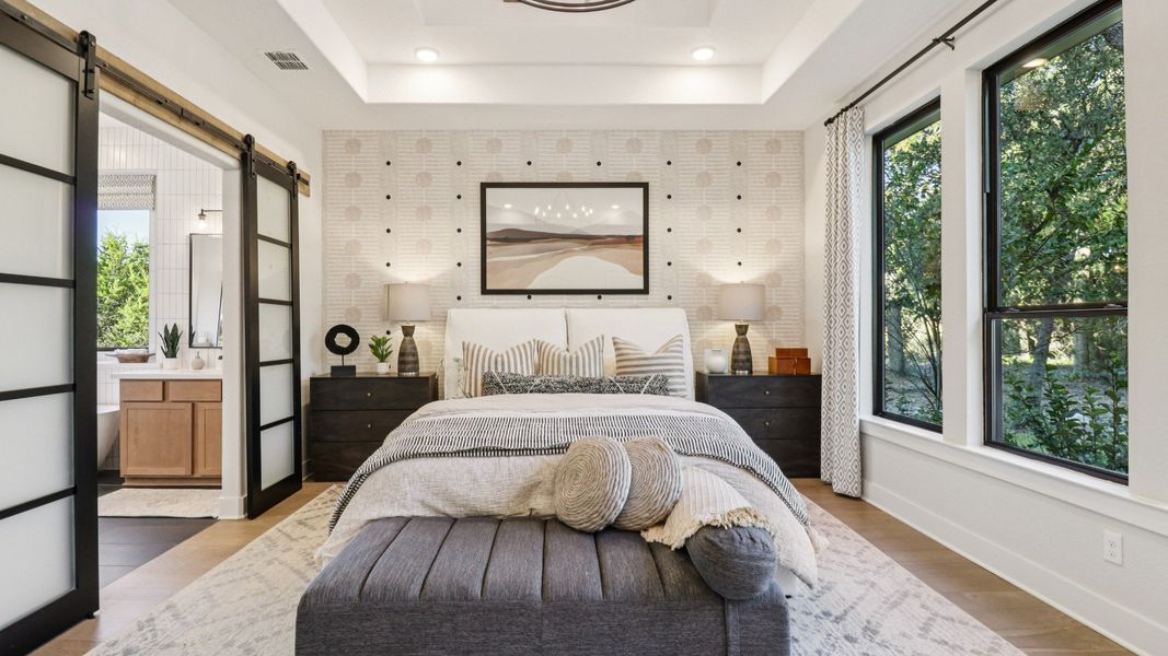 Tray ceiling with exposed beams enhances this stylish San Antonio retreat at Verandas at the Rim. Tray ceiling with exposed beams enhances this stylish San Antonio retreat at Verandas at the Rim.