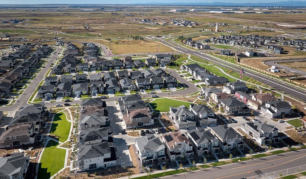 Aerial view of the The Bend at The Aurora Highlands community in Aurora, CO, showing layout and nearby surroundings (Image 9).