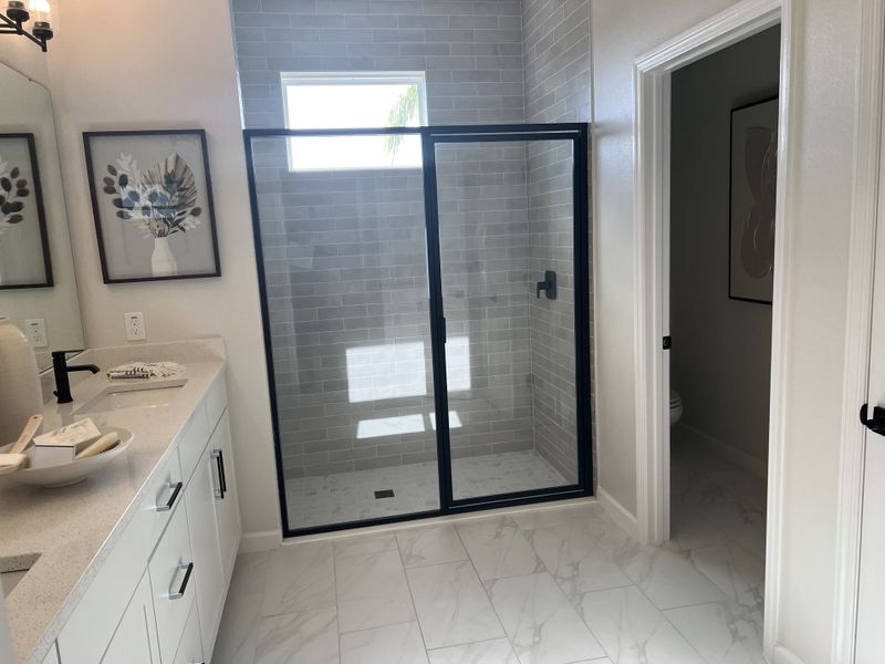A modern bathroom featuring a sleek glass shower, stylish vanity, and elegant decor for a serene ambiance.