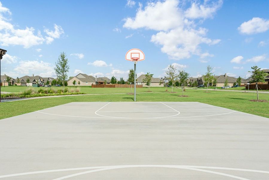 Outdoor community basketball court with single hoop surrounded by green lawn and neighborhood homes in the background Outdoor community basketball court with single hoop surrounded by green lawn and neighborhood homes in the background