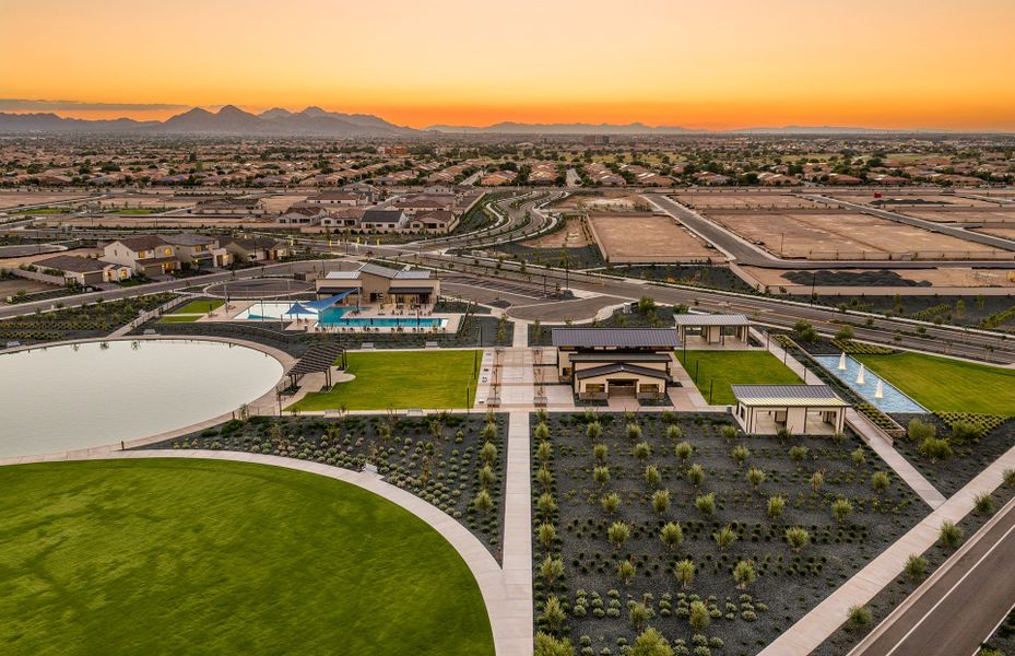Aerial view of the Soleo community in Queen Creek, AZ, showing layout and nearby surroundings (Image 14). Aerial view of the Soleo community in Queen Creek, AZ, showing layout and nearby surroundings (Image 14).