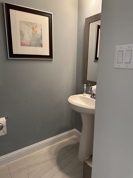 A sleek powder room with a pedestal sink, stylish gray walls, and a framed watercolor artwork. A sleek powder room with a pedestal sink, stylish gray walls, and a framed watercolor artwork.
