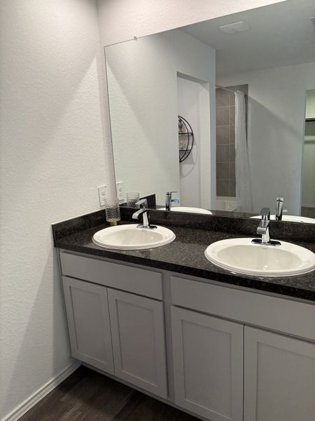 A sleek bathroom vanity with dual sinks, a large mirror, and modern fixtures.