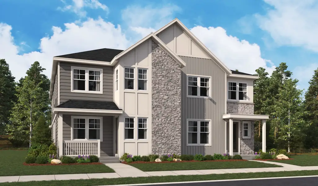 Front exterior of a home in the The Duos at Looking Glass community, located in Parker, CO (Image 5).