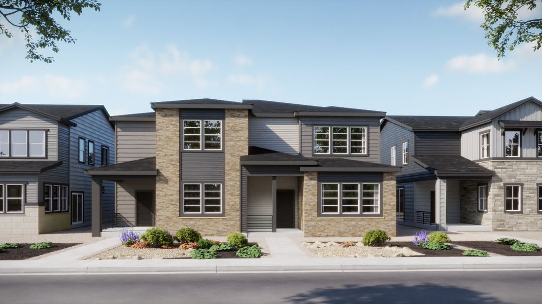 Front exterior of a home in the The Duets Collection at Harvest Crossing community, located in Aurora, CO (Image 5).
