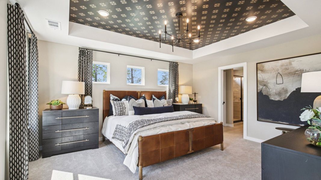 Large primary bedroom with accent tray ceiling and multiple windows for natural light