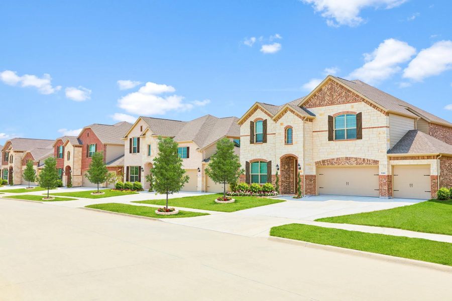 streetscape with neighborhood homes and bright green landscape streetscape with neighborhood homes and bright green landscape