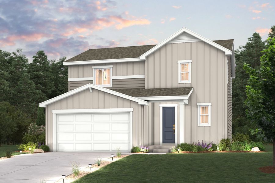 Mackenzie Elevation A rendering with landscaping, garage, driveway and exterior paint colors Mackenzie Elevation A rendering with landscaping, garage, driveway and exterior paint colors