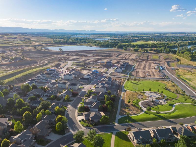 Drone flyover image taken at Poudre Heights, a Meritage Homes community in Windsor, CO.