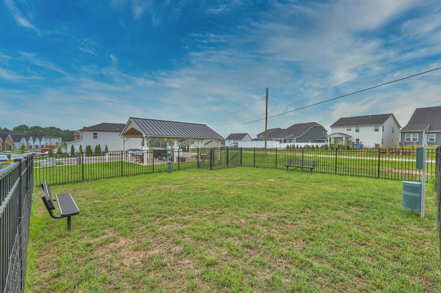 Helmsley Place 55+ Townhomes offers community amenities including a covered pavilion and dog park.