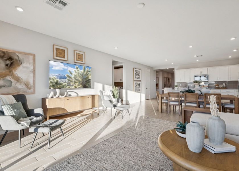 A large room with tables and chairs.