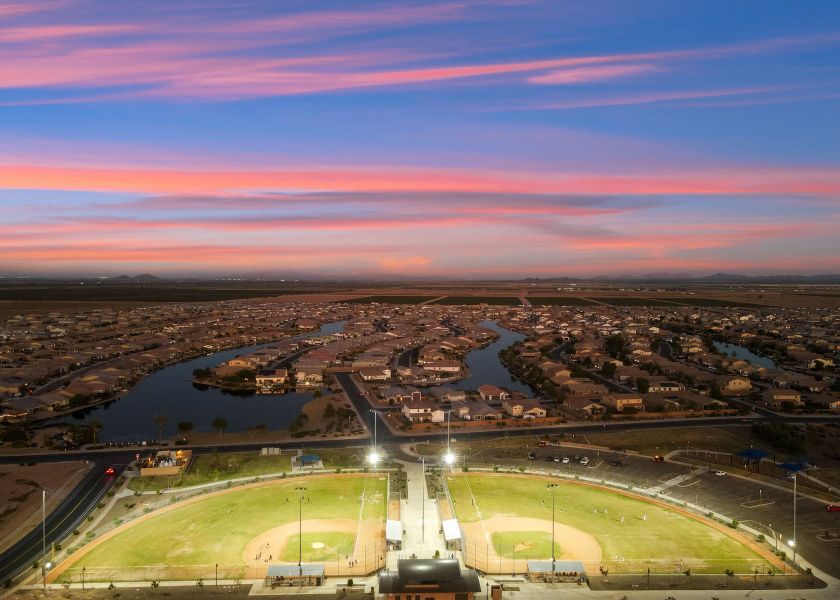 An aerial view of a city.