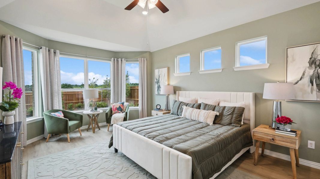 Vaulted ceilings and expansive bay windows enhance this Hulen Trails bedroom's sophisticated charm. Vaulted ceilings and expansive bay windows enhance this Hulen Trails bedroom's sophisticated charm.