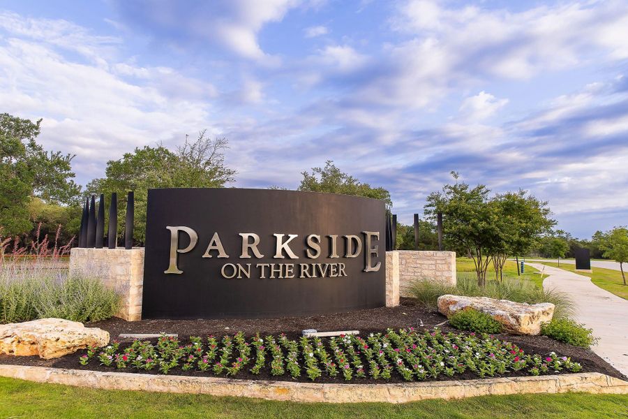 Entrance to the Parkside On The River community in Georgetown, TX, featuring signage and landscaping (Image 7).