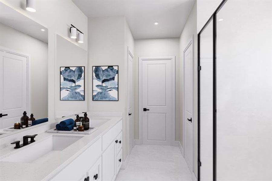Well‑designed bathrooms featuring a wide vanity and an expansive walk‑in shower. Well‑designed bathrooms featuring a wide vanity and an expansive walk‑in shower.