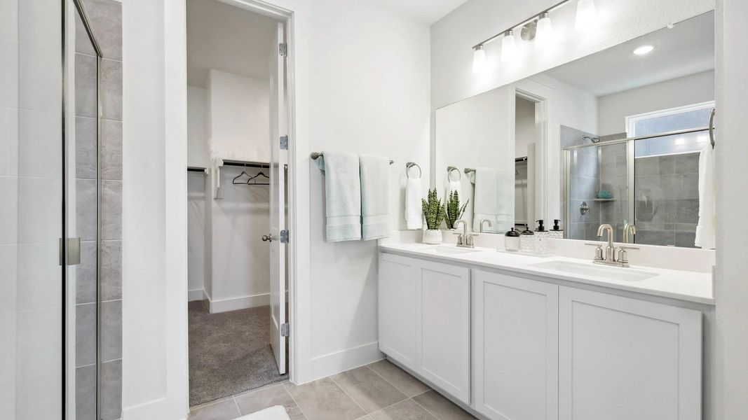 Luxurious double vanity and expansive glass shower create an elegant retreat in Collin Creek. Luxurious double vanity and expansive glass shower create an elegant retreat in Collin Creek.
