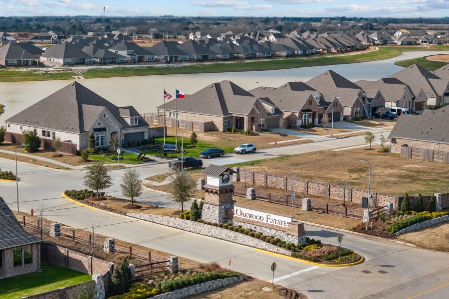 Aerial view of the Oakwood Estates community in Waller, TX, showing layout and nearby surroundings (Image 7). Aerial view of the Oakwood Estates community in Waller, TX, showing layout and nearby surroundings (Image 7).