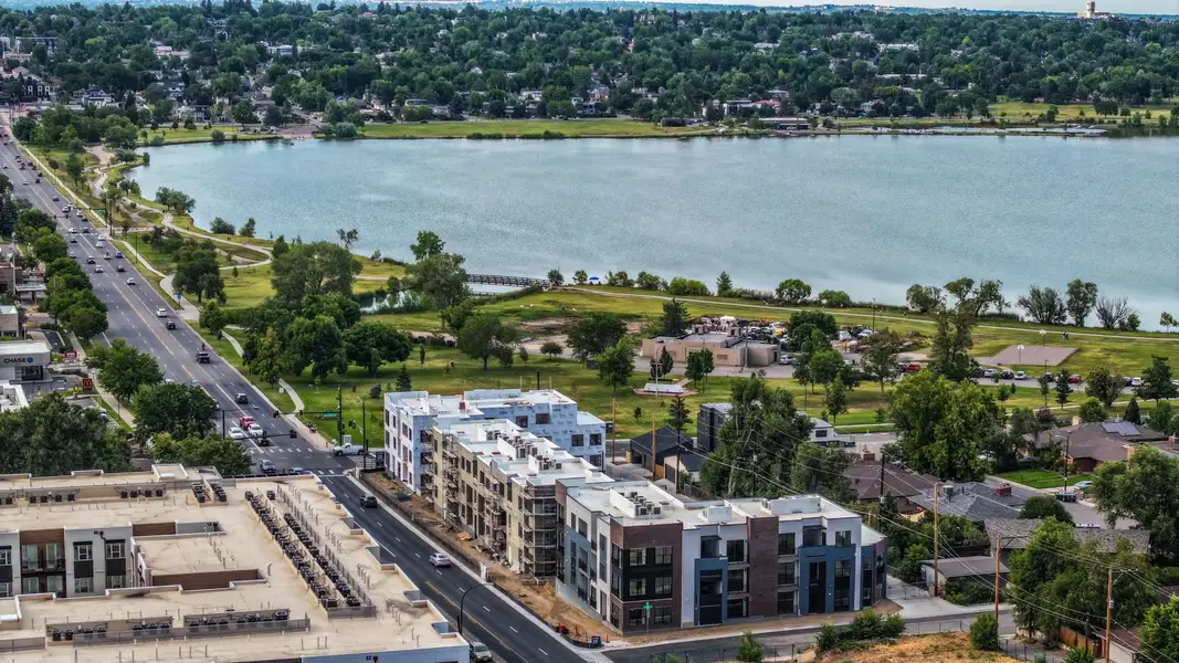 Aerial view of the The Scene at Sloan's Lake community in Denver, CO, showing layout and nearby surroundings (Image 1).