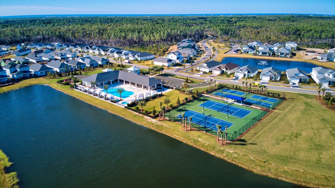 Aerial view of the NatureWalk at Watersound Origins clubhouse and amenities.