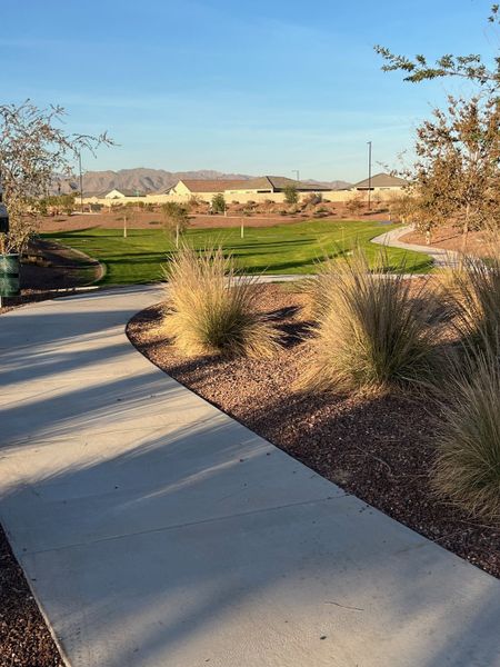 Scenic walking path with mountain views and desert landscaping in Copper Falls by D.R. Horton (Buckeye, AZ).