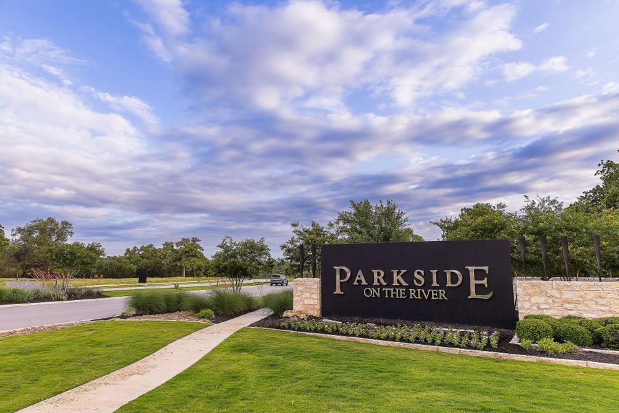 Entrance to the Parkside On The River community in Georgetown, TX, featuring signage and landscaping (Image 6).
