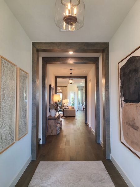 A sleek hallway with wood floors, modern lighting, and elegant artwork, leading into a bright living space.
