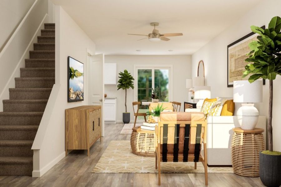 A room with a table and chairs.