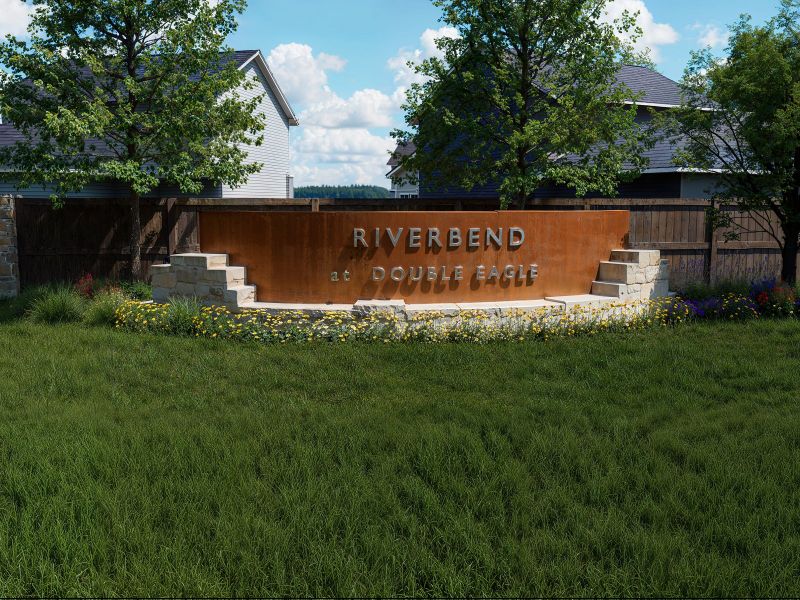 Entrance to the Riverbend at Double Eagle - Reserve Collection community in Cedar Creek, TX, featuring signage and landscaping (Image 14).