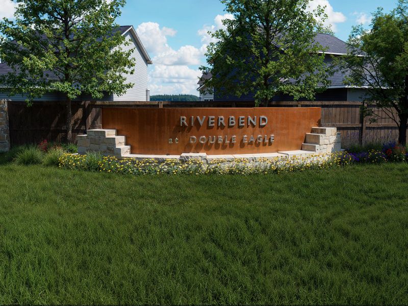 Entrance to the Riverbend at Double Eagle - Reserve Collection community in Cedar Creek, TX, featuring signage and landscaping (Image 14). Entrance to the Riverbend at Double Eagle - Reserve Collection community in Cedar Creek, TX, featuring signage and landscaping (Image 14).