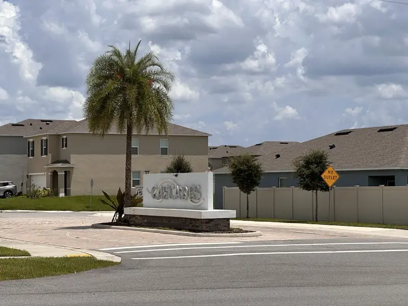 A welcoming entrance sign with palm tree in Cascades by D.R. Horton, Davenport, FL.
