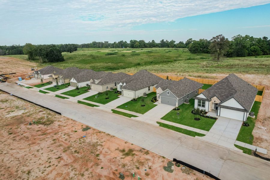 Aerial view of the Rockbridge East community in Huntsville, TX, showing layout and nearby surroundings (Image 1). Aerial view of the Rockbridge East community in Huntsville, TX, showing layout and nearby surroundings (Image 1).