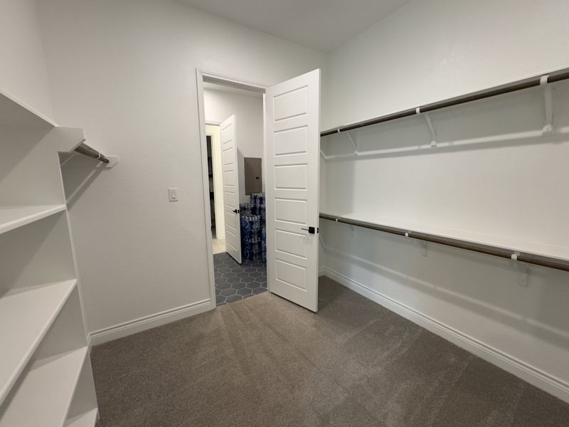 A spacious walk-in closet with open shelving, dual hanging rods, and soft carpeting for a sleek, organized look.