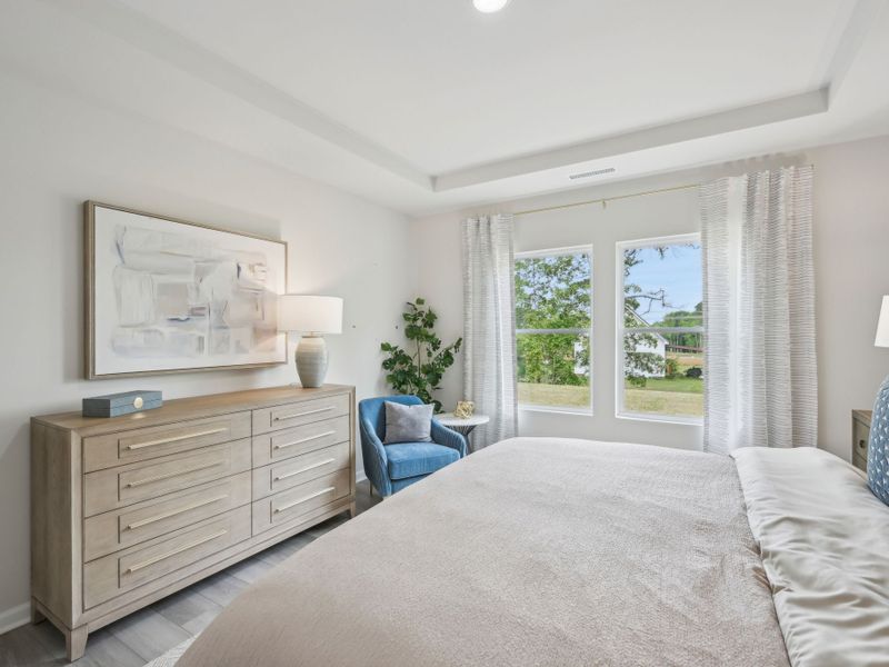 The luxurious primary suite featuring a tray ceiling, dual sinks and a spacious closet.