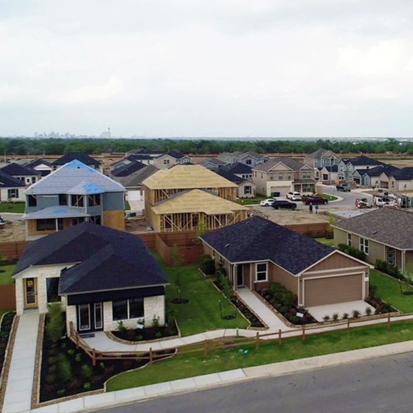 Aerial view of the The Granary - Villa Collection community in San Antonio, TX, showing layout and nearby surroundings (Image 1).
