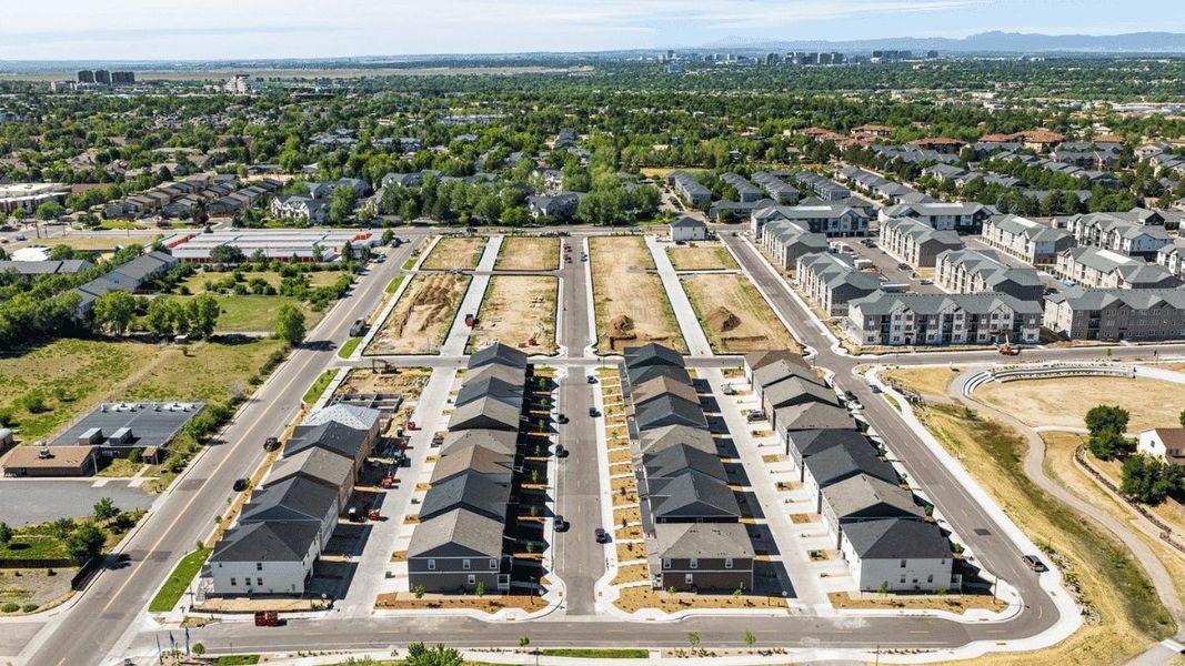 Aerial view of the Arcadia community in Denver, CO, showing layout and nearby surroundings (Image 9). Aerial view of the Arcadia community in Denver, CO, showing layout and nearby surroundings (Image 9).