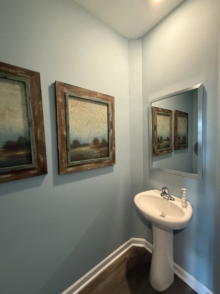 A cozy powder room with soft blue walls, elegant artwork, and a sleek pedestal sink.